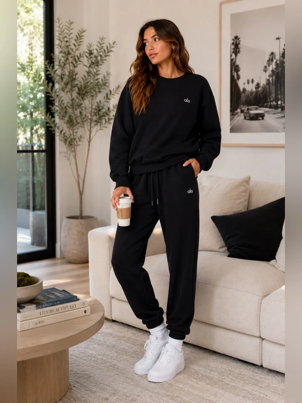 Alo Yoga Accolade Crewneck Sweatshirt Jogger Set Black XXS (CIGF003)